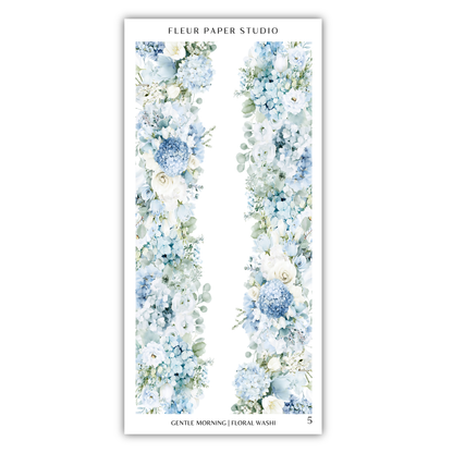 a floral design with blue and white flowers arranged in a vertical pattern.