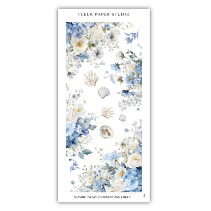 The image is a collage of various floral and seashell images, including blue hydrangeas, white roses, and seashells, arranged in a visually appealing manner.