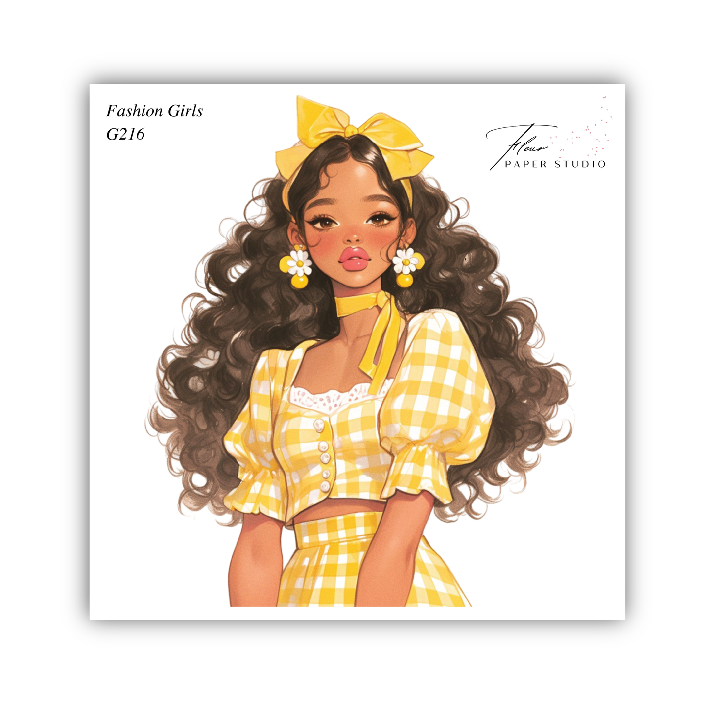 A stylized illustration of a young woman with curly hair wearing a yellow and white checkered dress and a yellow bow in her hair.