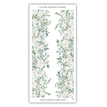 The image is a floral wallpaper design with a repeating pattern of white flowers and greenery.