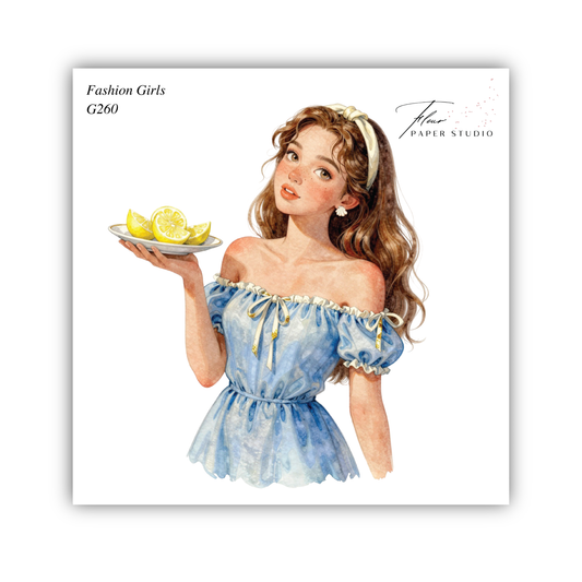 A watercolor illustration of a young woman wearing a blue off-the-shoulder dress and holding a plate with lemon slices.