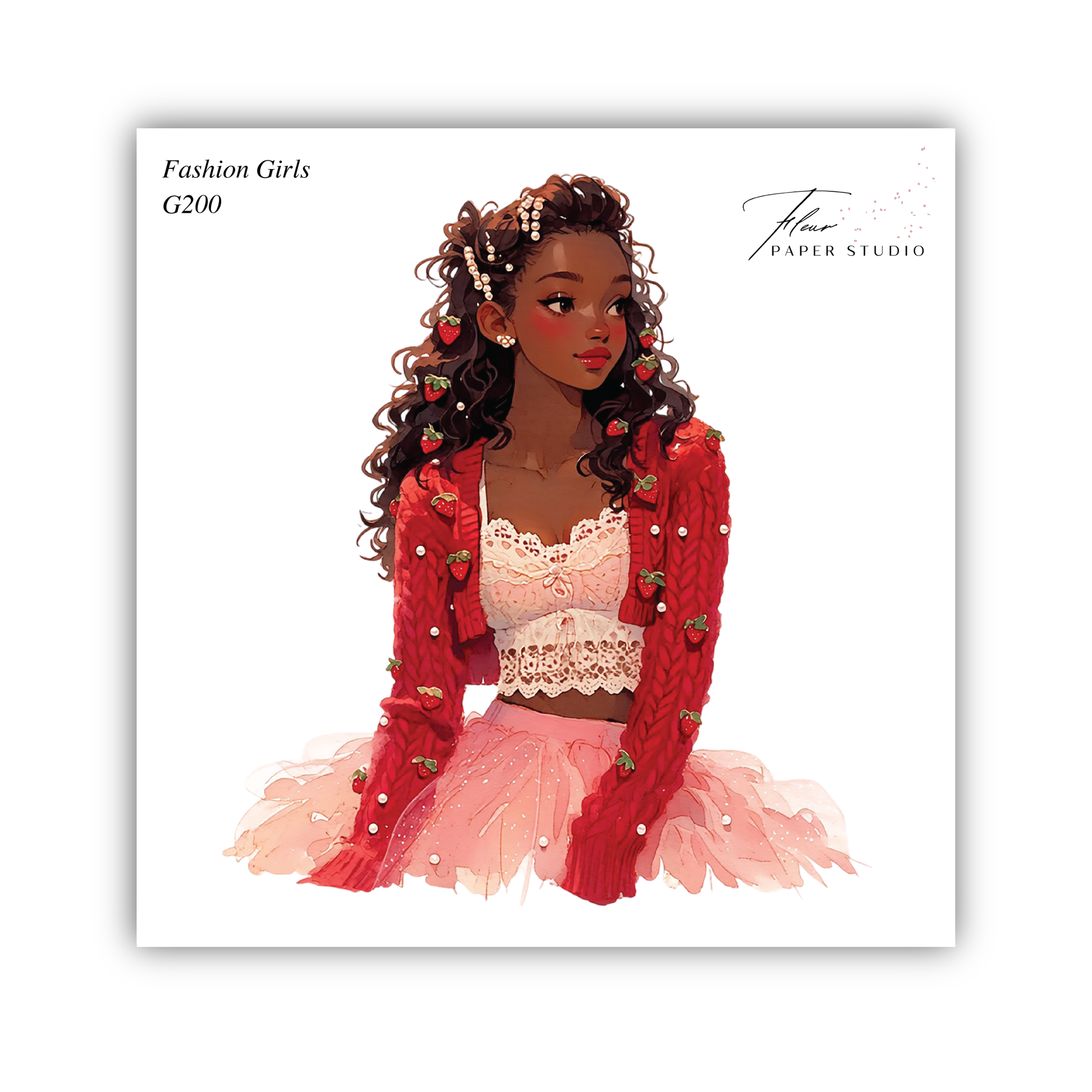 A stylized illustration of a young woman with curly hair wearing a pink tutu and a red cardigan, with a floral pattern on her dress.
