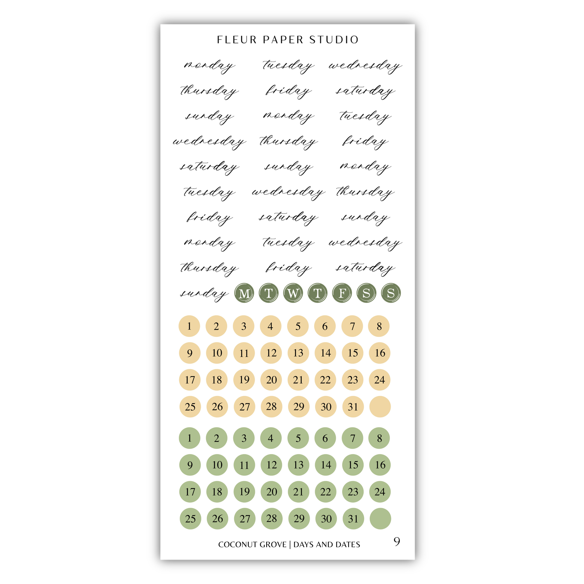 The image is a collection of two separate elements: a calendar and a sticker. The calendar displays the days of the week in a grid format, while the sticker features a repeating pattern of the days of the week. The calendar includes the days of the week from Monday to Sunday, and the sticker repeats the days of the week in a circular pattern. The image does not contain any text, and the calendar and sticker are not described in detail.