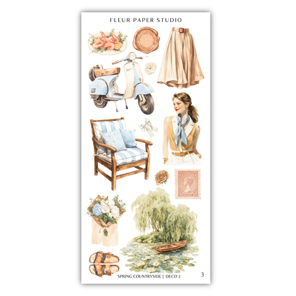 The image is a collage of various objects and scenes, including a moped, a woman, a chair, a boat, flowers, and a pond.