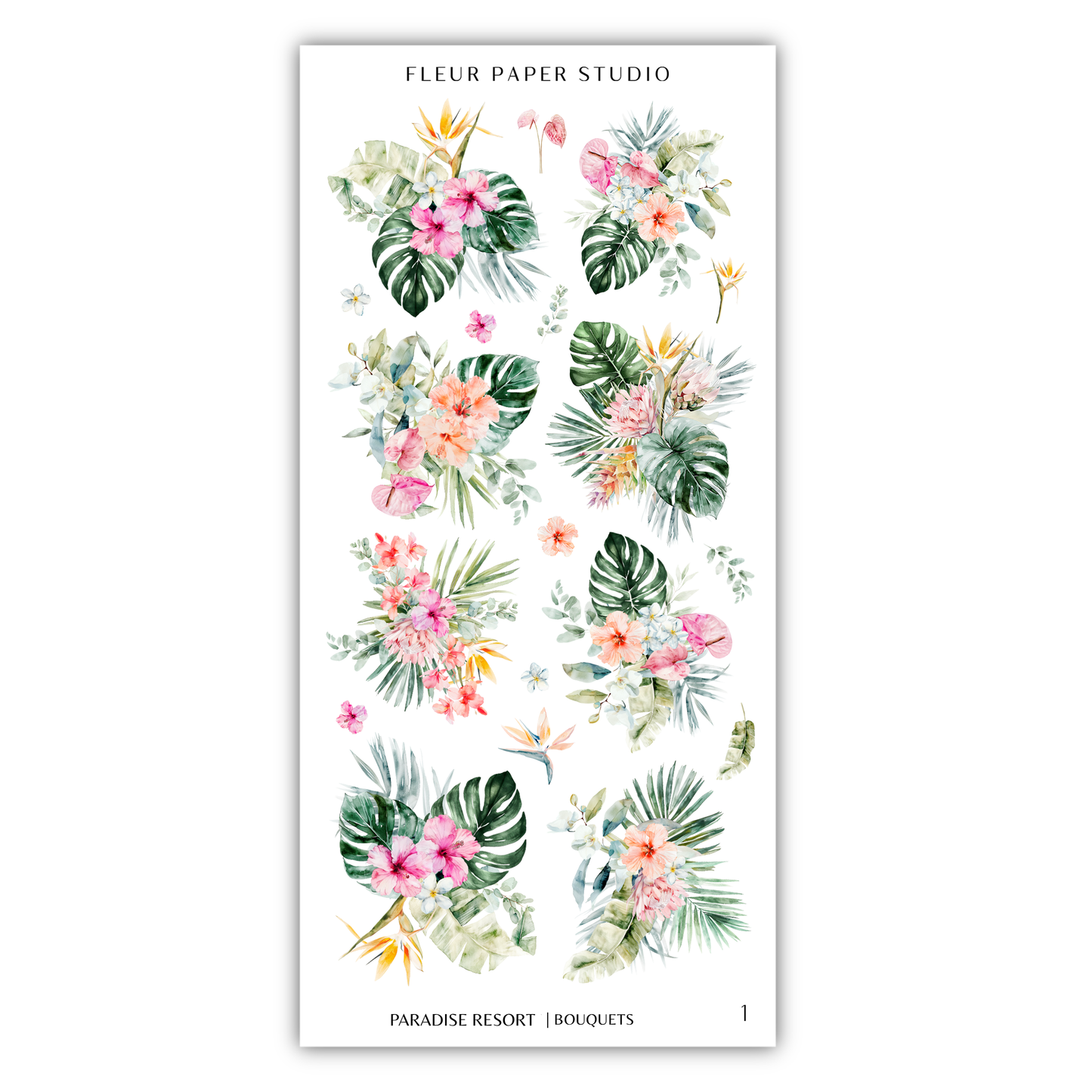 The image is a collage of various tropical flowers and leaves, including hibiscus, palm leaves, and other colorful blooms.