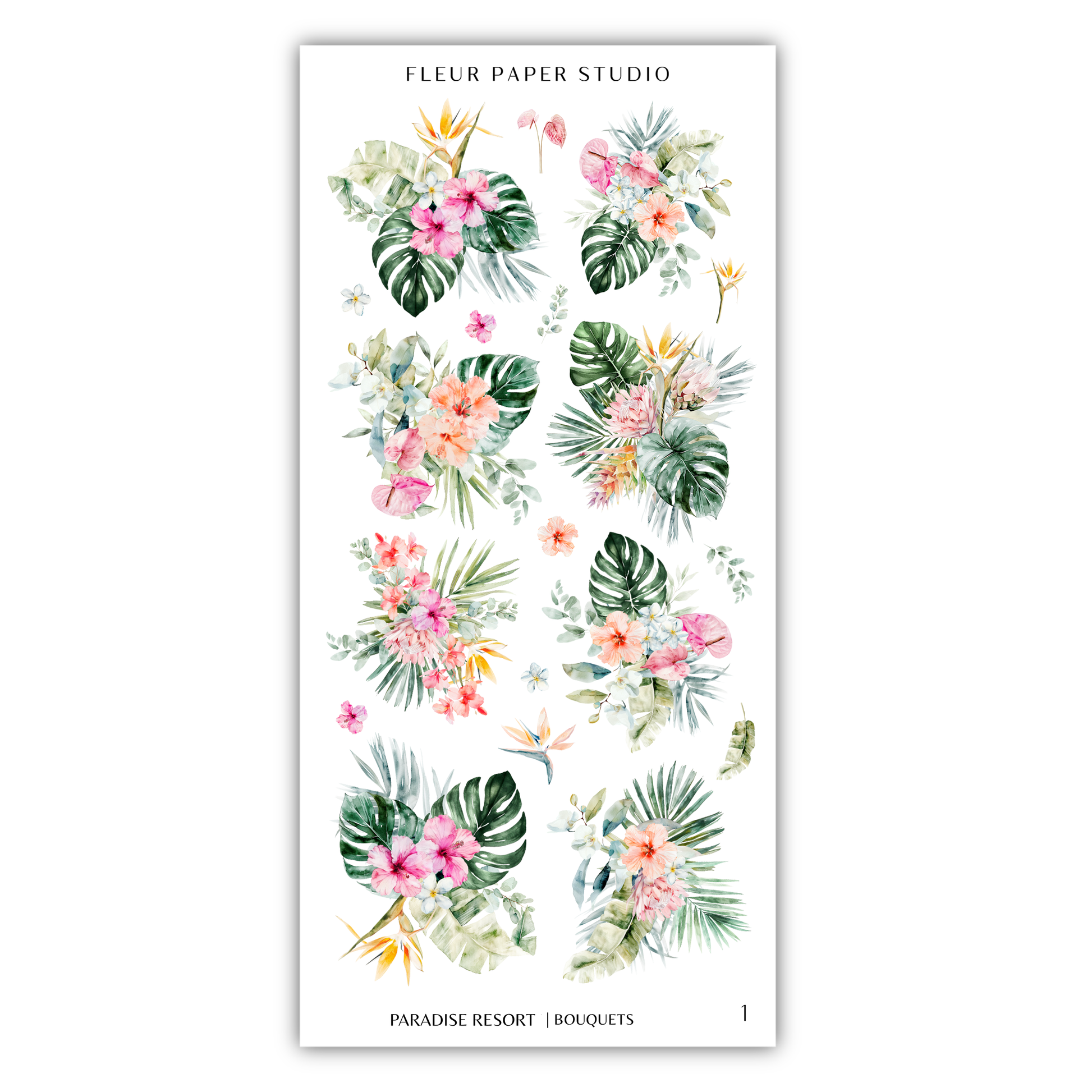 The image is a collage of various tropical flowers and leaves, including hibiscus, palm leaves, and other colorful blooms.