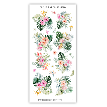 The image is a collage of various tropical flowers and leaves, including hibiscus, palm leaves, and other colorful blooms.