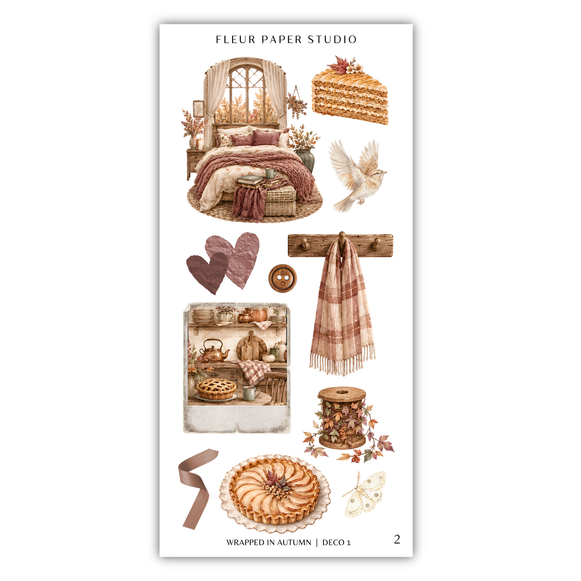 various autumn-themed items, including a bed, a pie, a bird, a scarf, a teapot, a basket, a cake, and a ribbon.