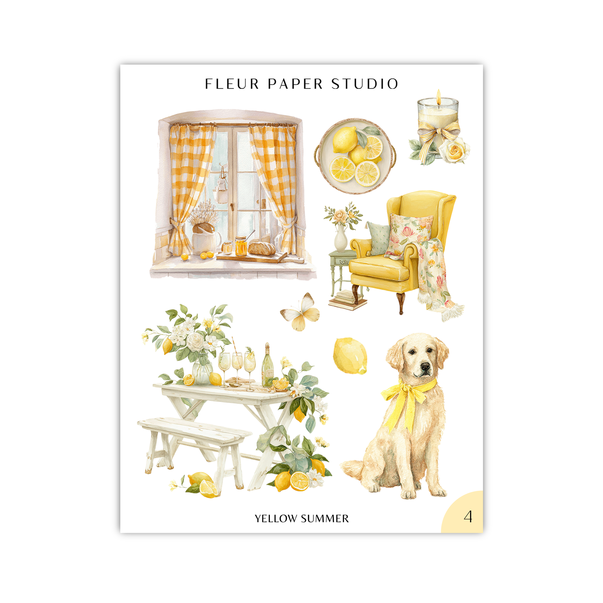 The image is a collage of various objects and scenes, including a window with yellow and white checkered curtains, a yellow armchair, a table with a vase of flowers, a dog, a lemon, and a lemon-themed tablecloth.
