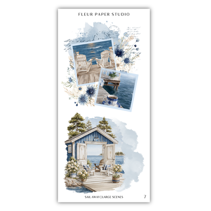 The image is a collage of various scenes depicting a serene and picturesque coastal setting, including a wooden cabin, a dock, and a peaceful body of water.