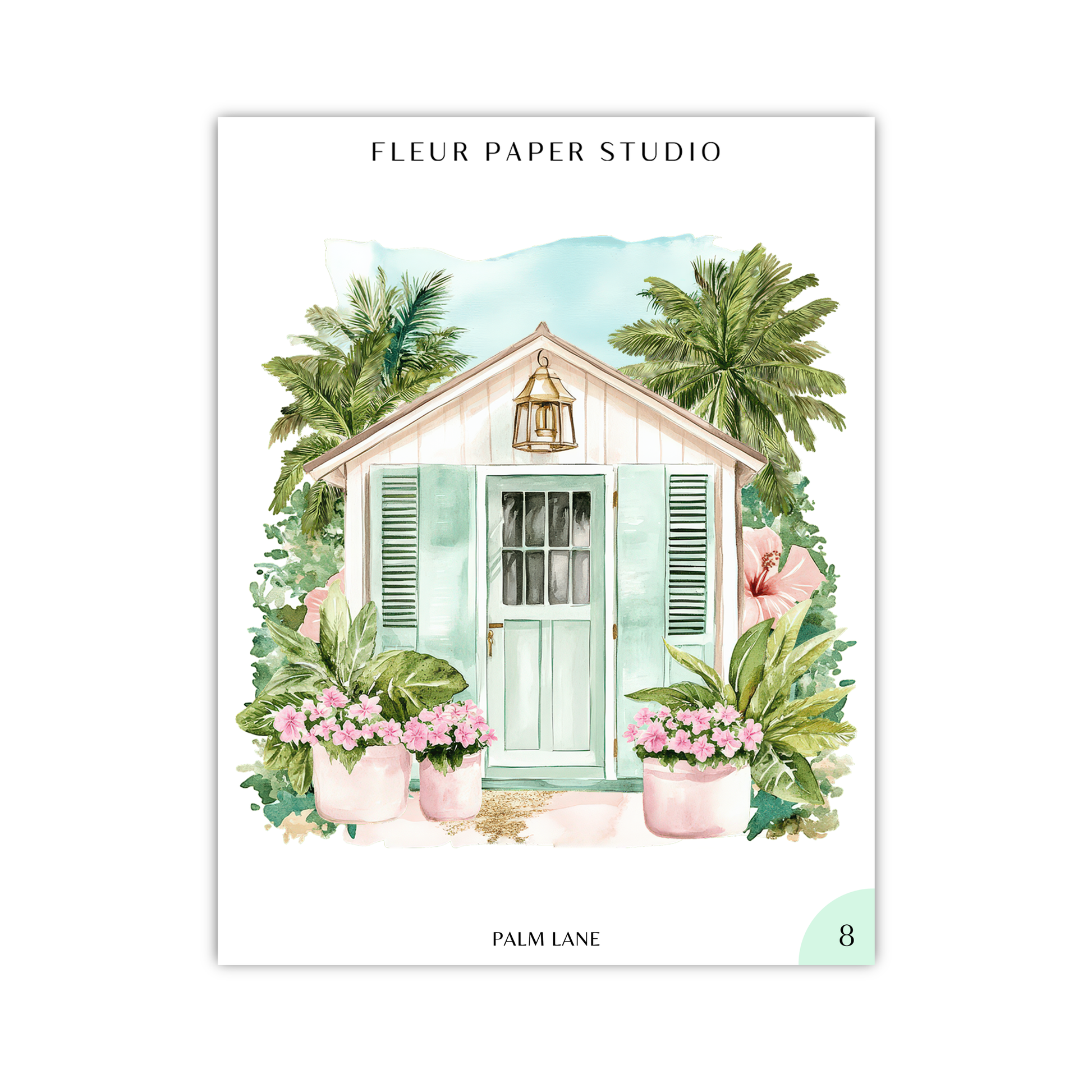 a small, white house with a green door and shutters, surrounded by lush tropical plants and flowers.