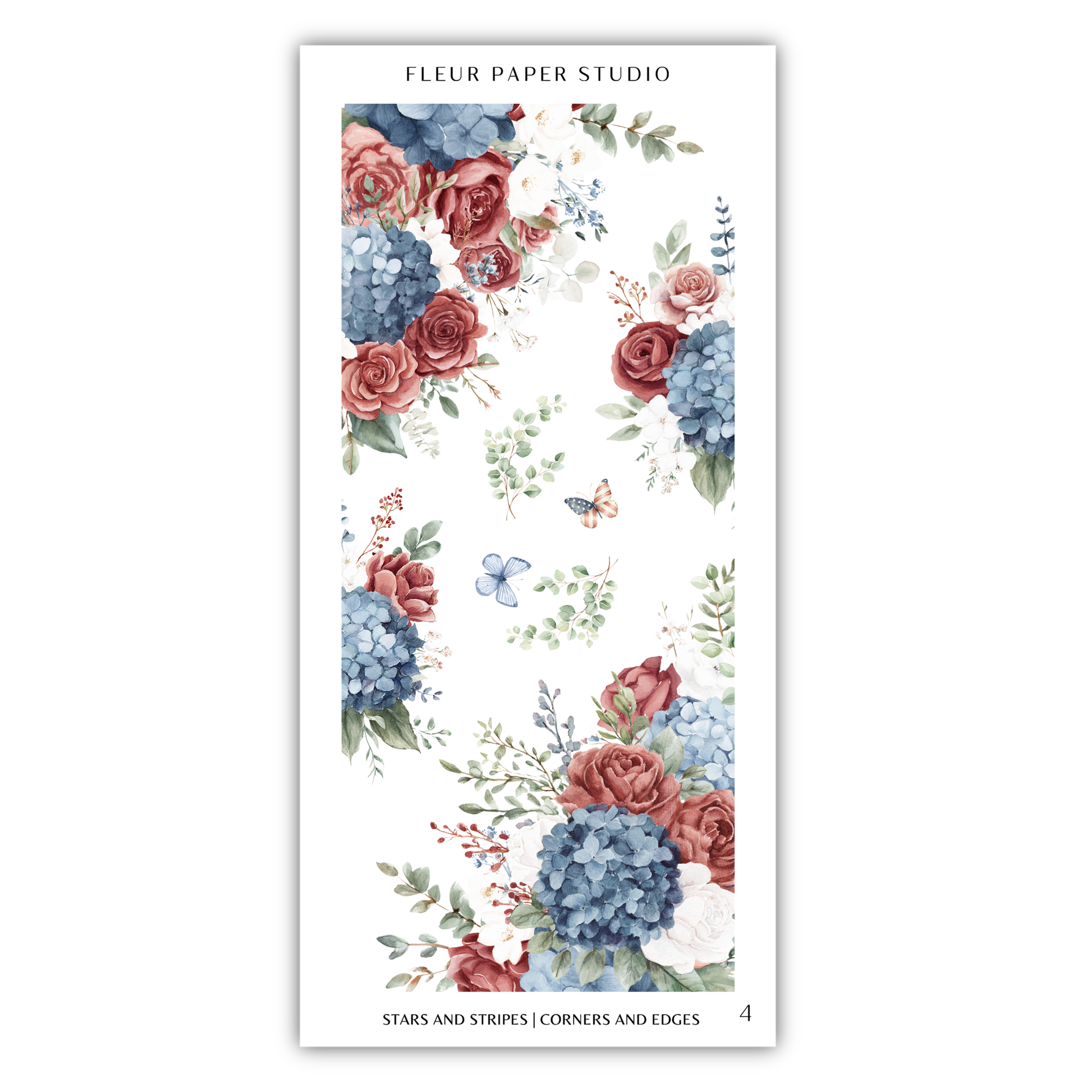 The image is a collage of various floral designs, including roses, hydrangeas, and other flowers in different colors such as red, blue, and green. The collage is titled "Fleur Paper Studio" and includes the phrase "STARS AND STRIPS / CORNERS AND EDGES".