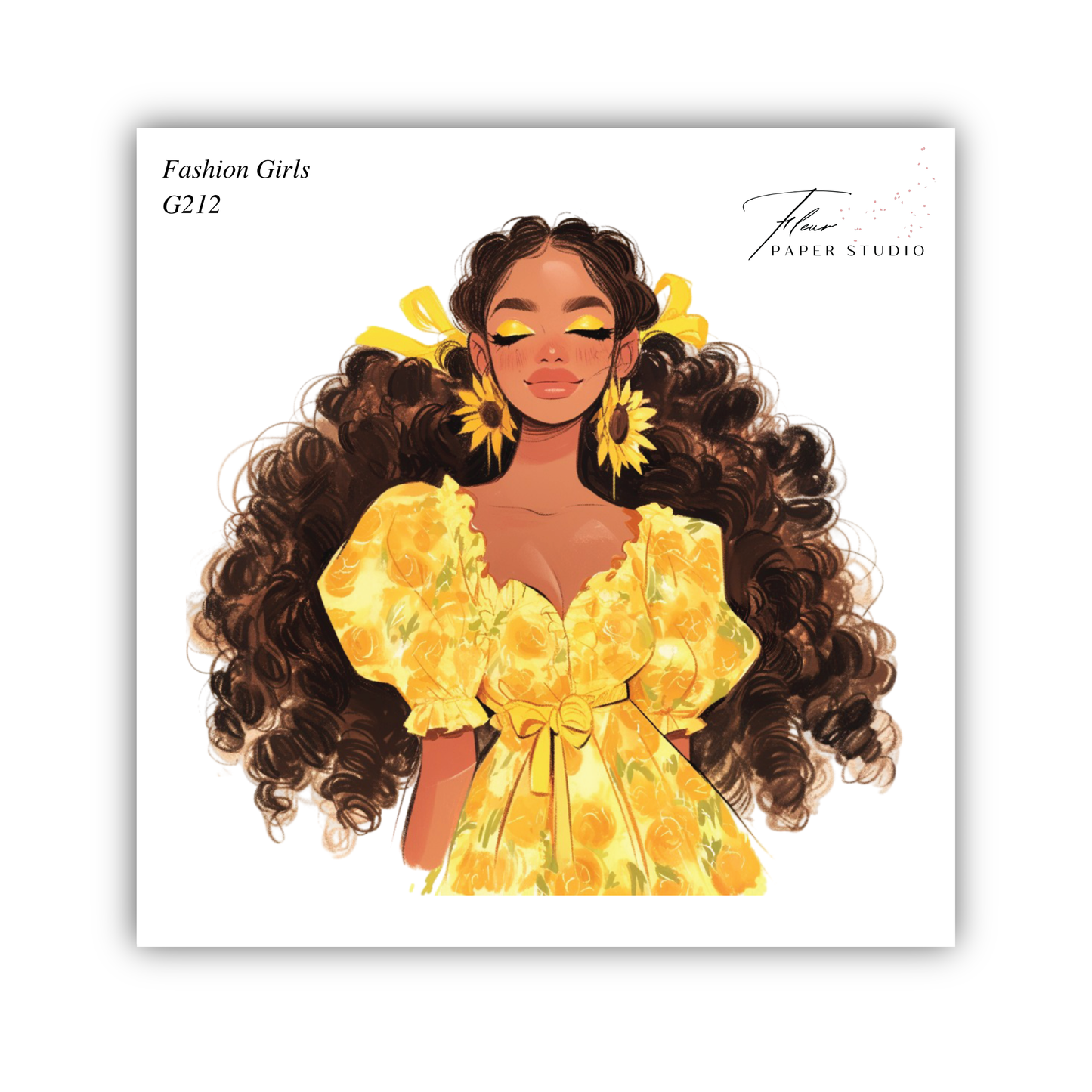A stylized illustration of a woman with curly hair wearing a yellow dress with a floral pattern.