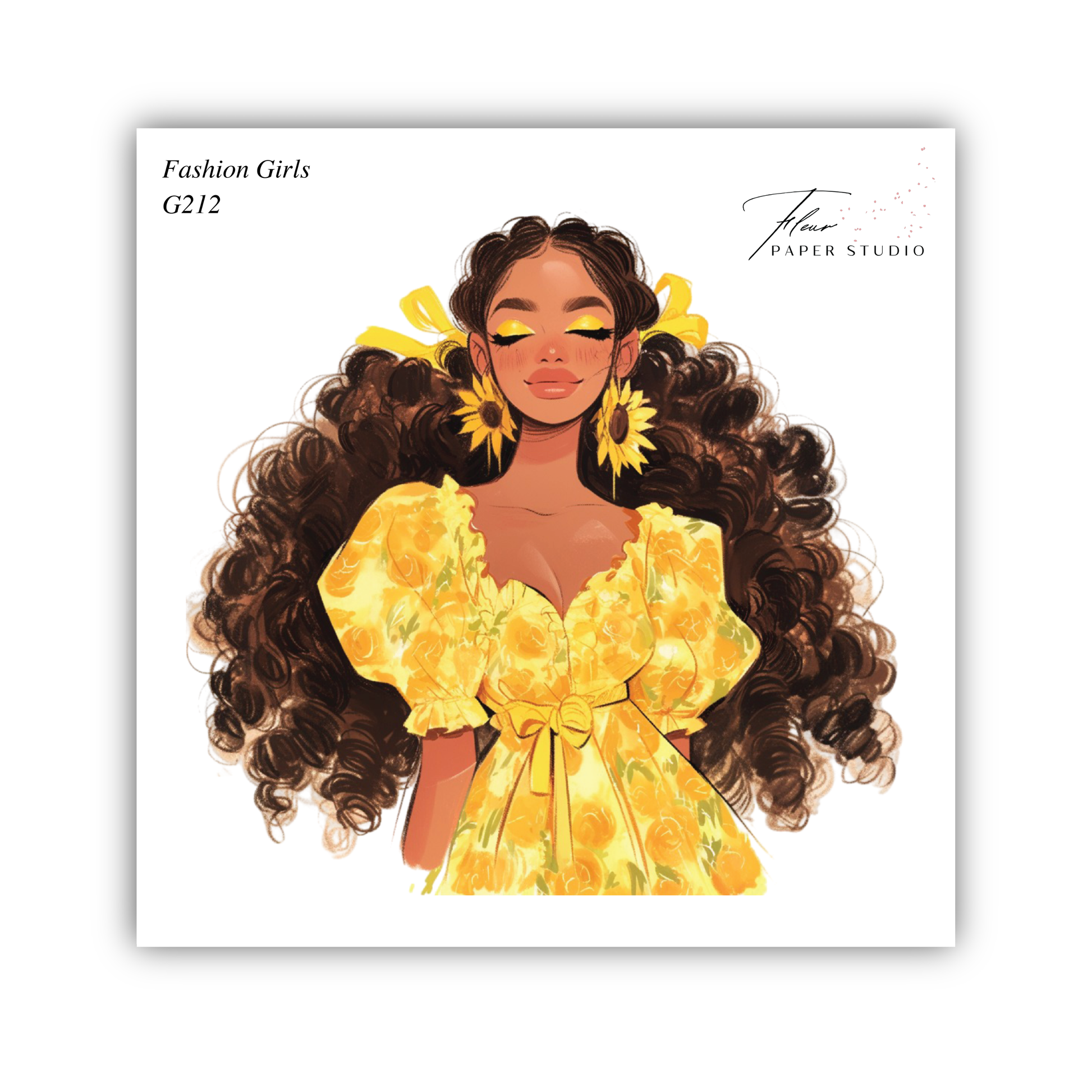 A stylized illustration of a woman with curly hair wearing a yellow dress with a floral pattern.