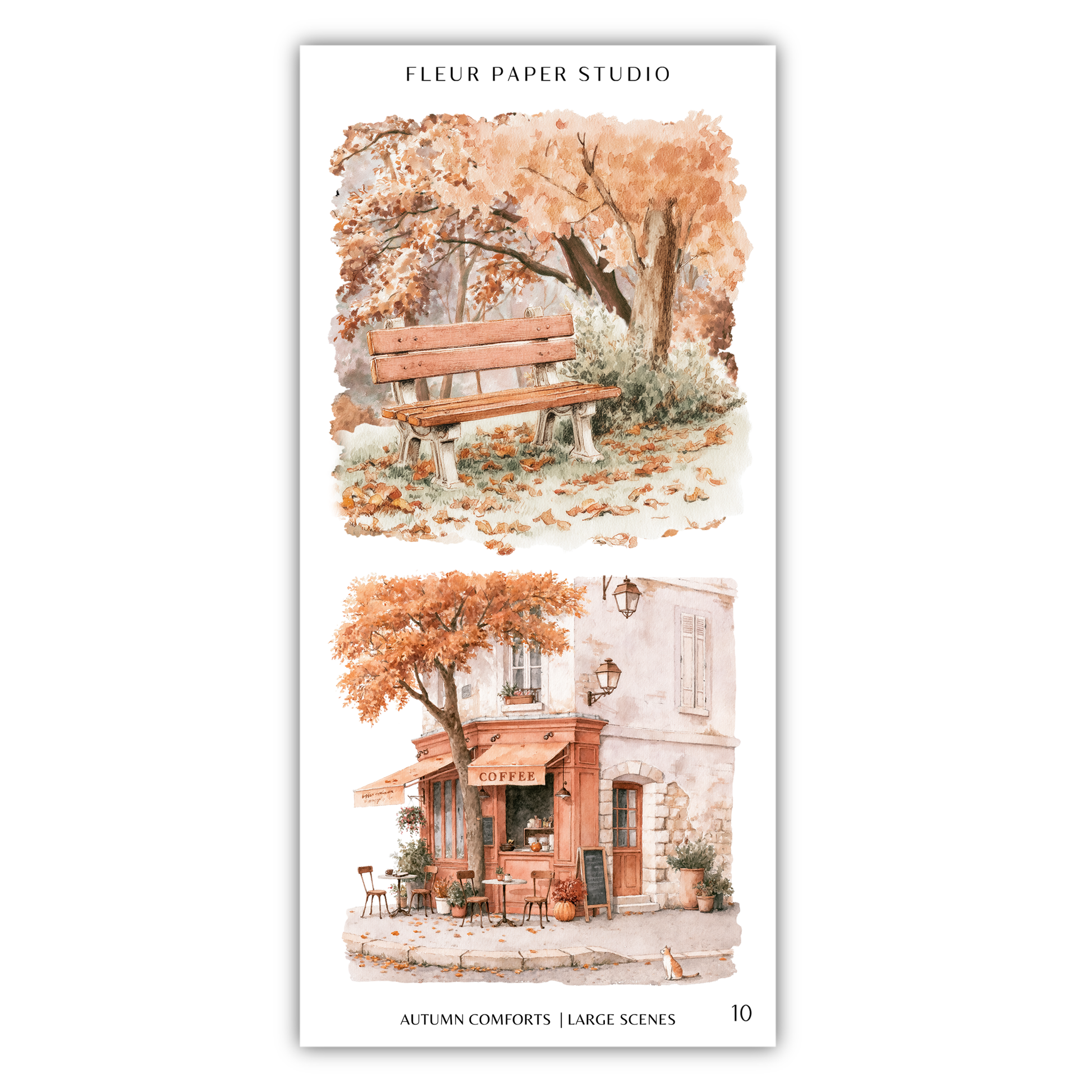 The image is a collage of two scenes depicting autumn-themed settings. The top scene shows a wooden bench surrounded by trees with orange leaves, while the bottom scene depicts a building with an awning and outdoor seating area.