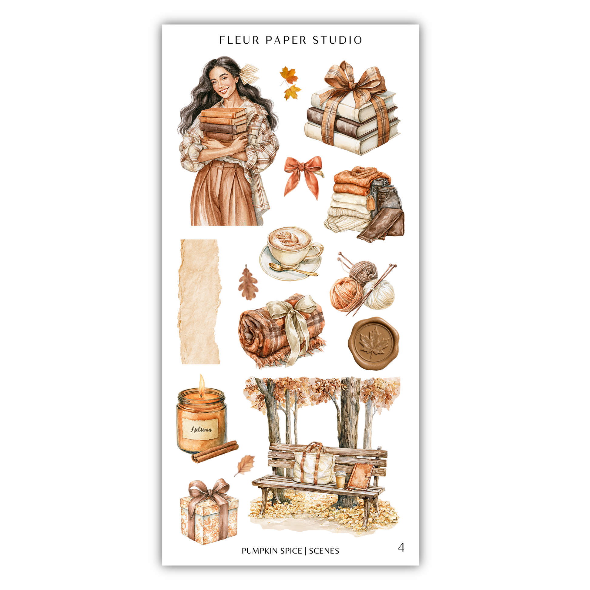 various autumn-themed items, including a woman, a stack of books, a gift box, a candle, a bench, and a tree.