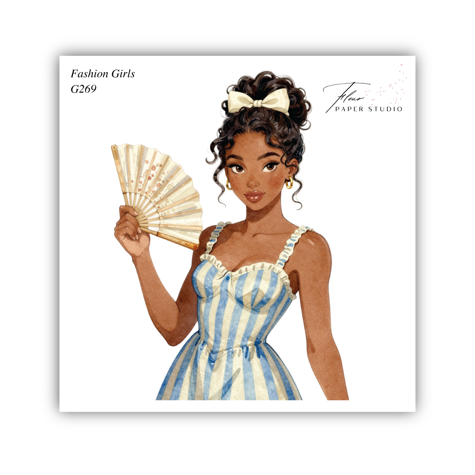 A watercolor illustration of a young woman wearing a striped dress and holding a fan.