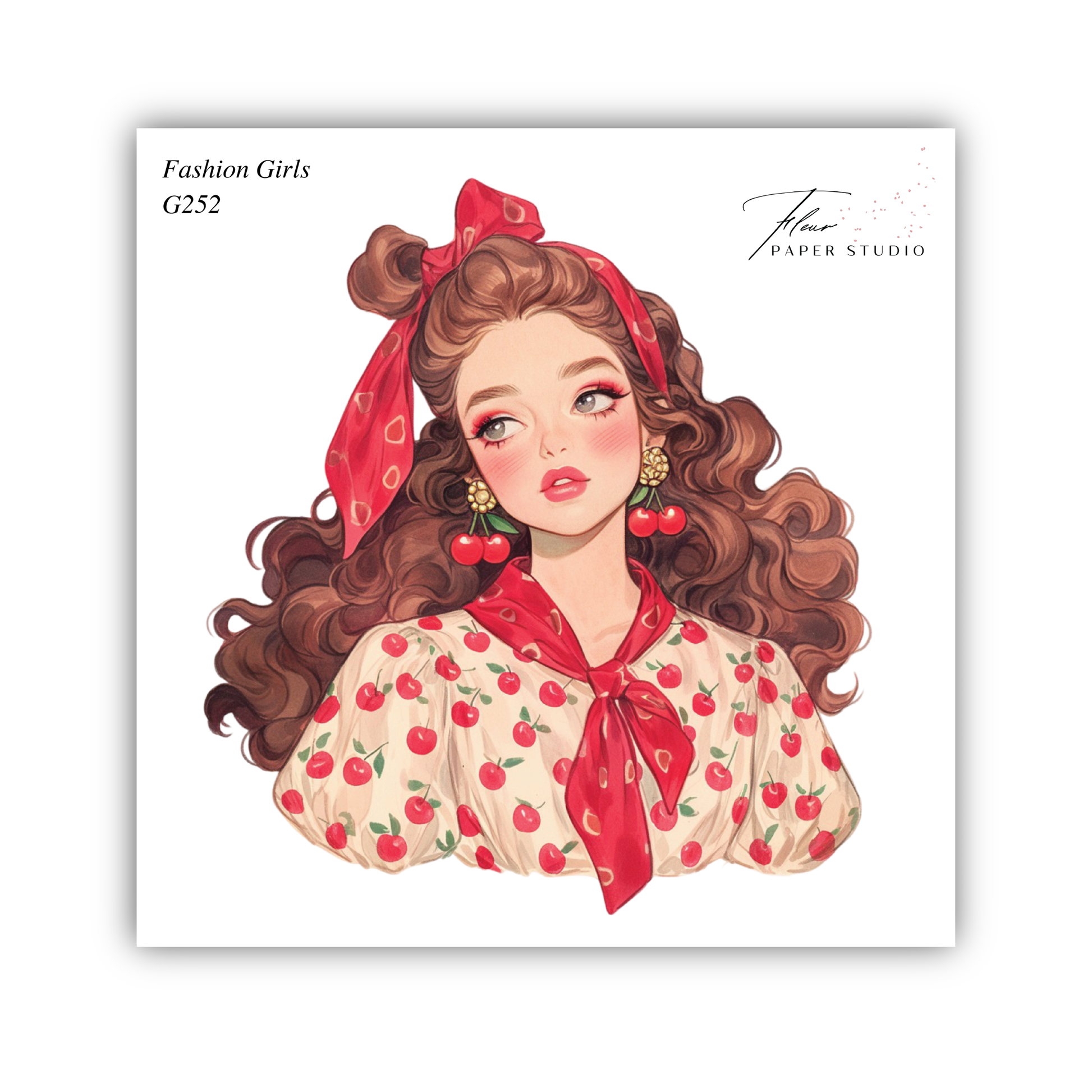 The image is a stylized illustration of a young woman with long, curly hair wearing a dress with red apple patterns. She has a red bow in her hair and is looking off to the side.