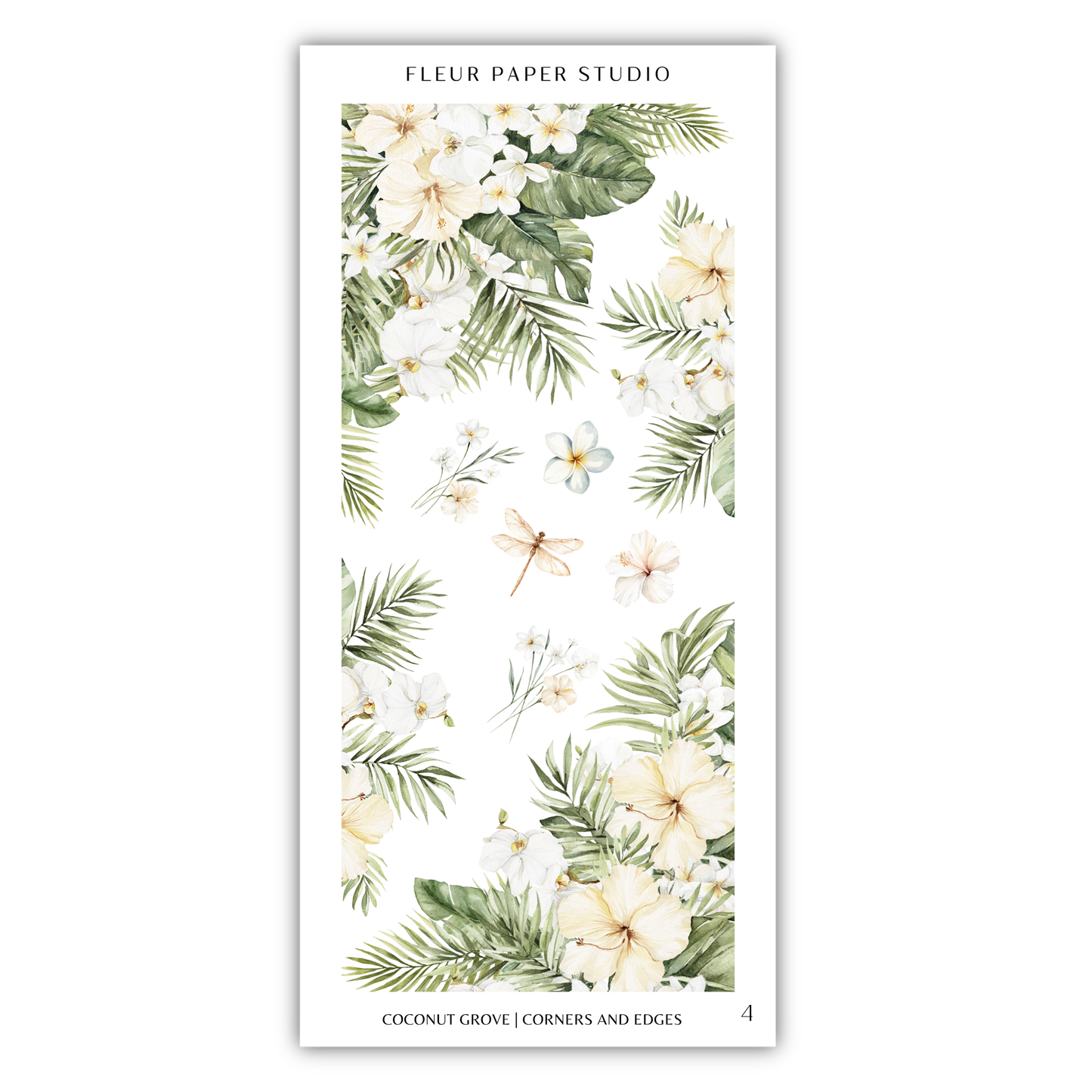 The image is a collage of various floral and tropical elements, including white flowers, green leaves, and a dragonfly, arranged in a visually appealing manner.