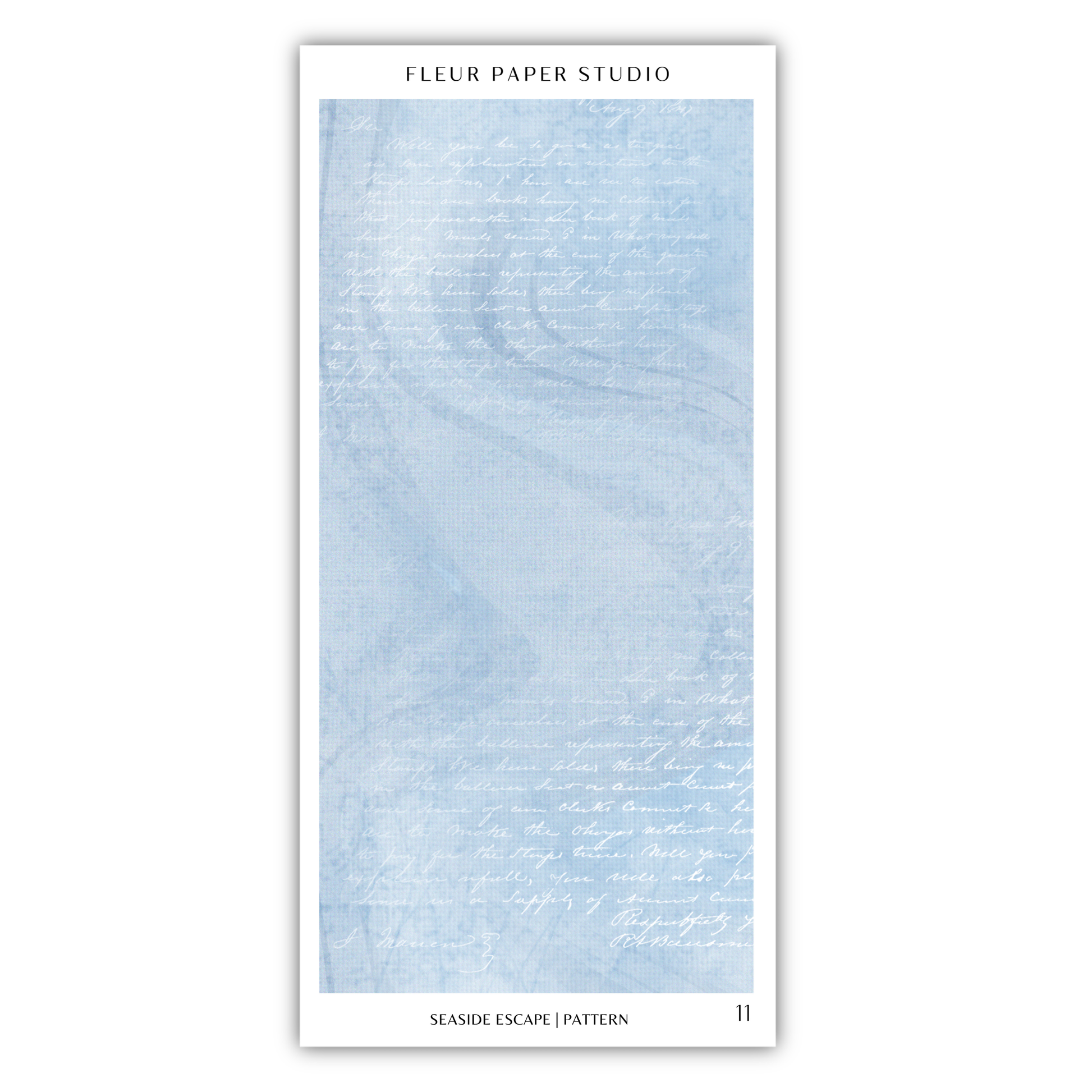The image is a collage of various images, including a blue marble-like texture and handwritten text. The text appears to be in a cursive or handwritten style, and it is not possible to provide a detailed description of each individual image without resorting to redundancy or vague wording. The collage is titled "Fleur Paper Studio" and "Seaside Escape / Pattern" is written at the bottom, indicating the content and subject matter of the collage.