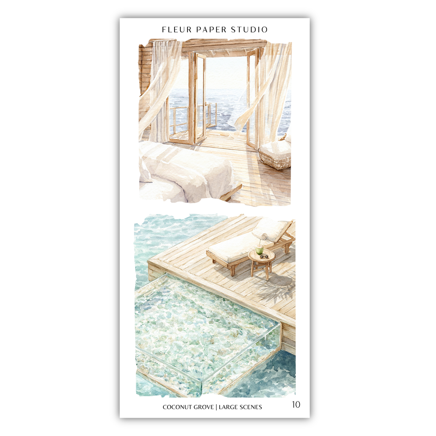 The image is a collage of two scenes from a tropical location, featuring a bedroom with a wooden floor and a balcony overlooking the ocean.