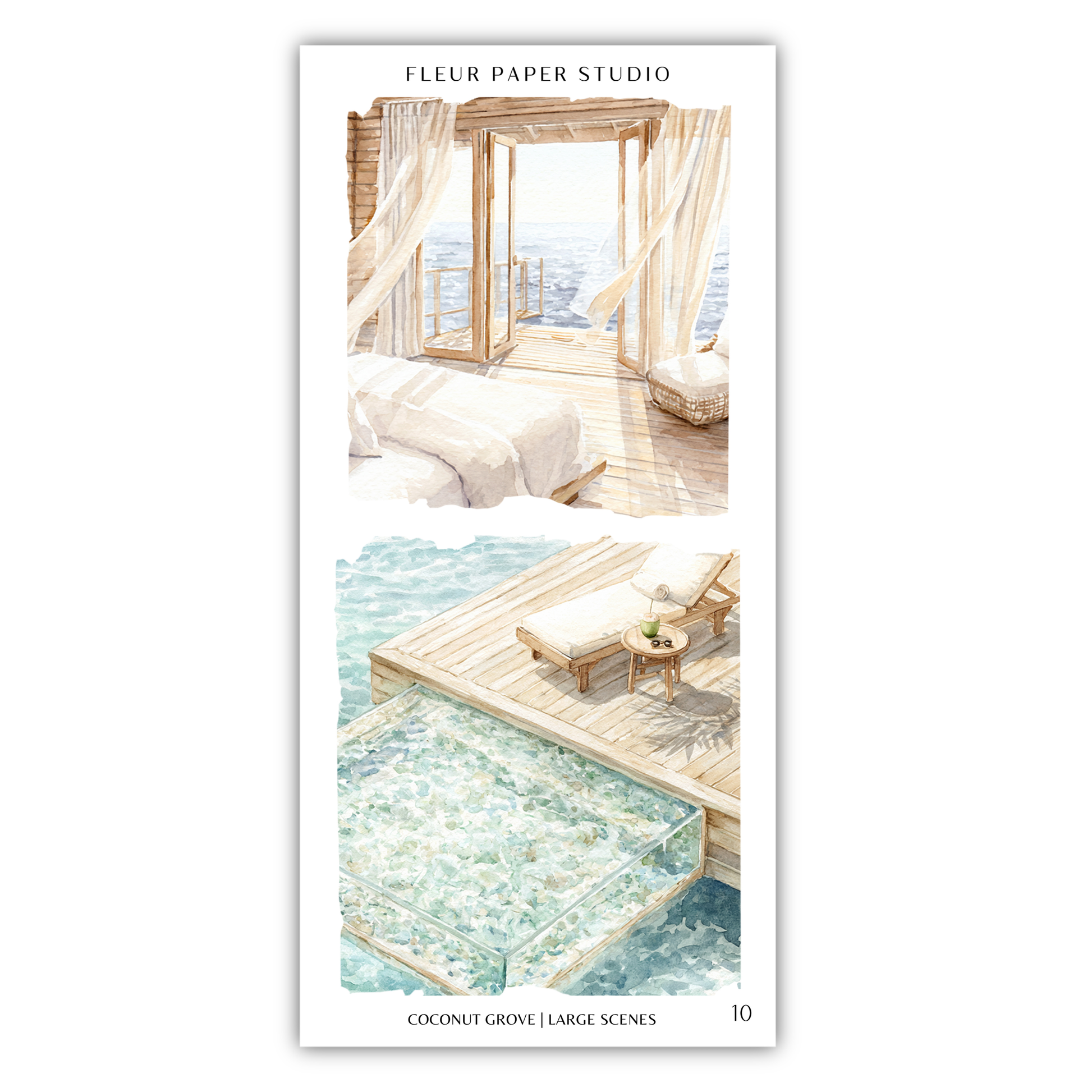 The image is a collage of two scenes from a tropical location, featuring a bedroom with a wooden floor and a balcony overlooking the ocean.