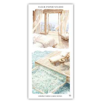 The image is a collage of two scenes from a tropical location, featuring a bedroom with a wooden floor and a balcony overlooking the ocean.