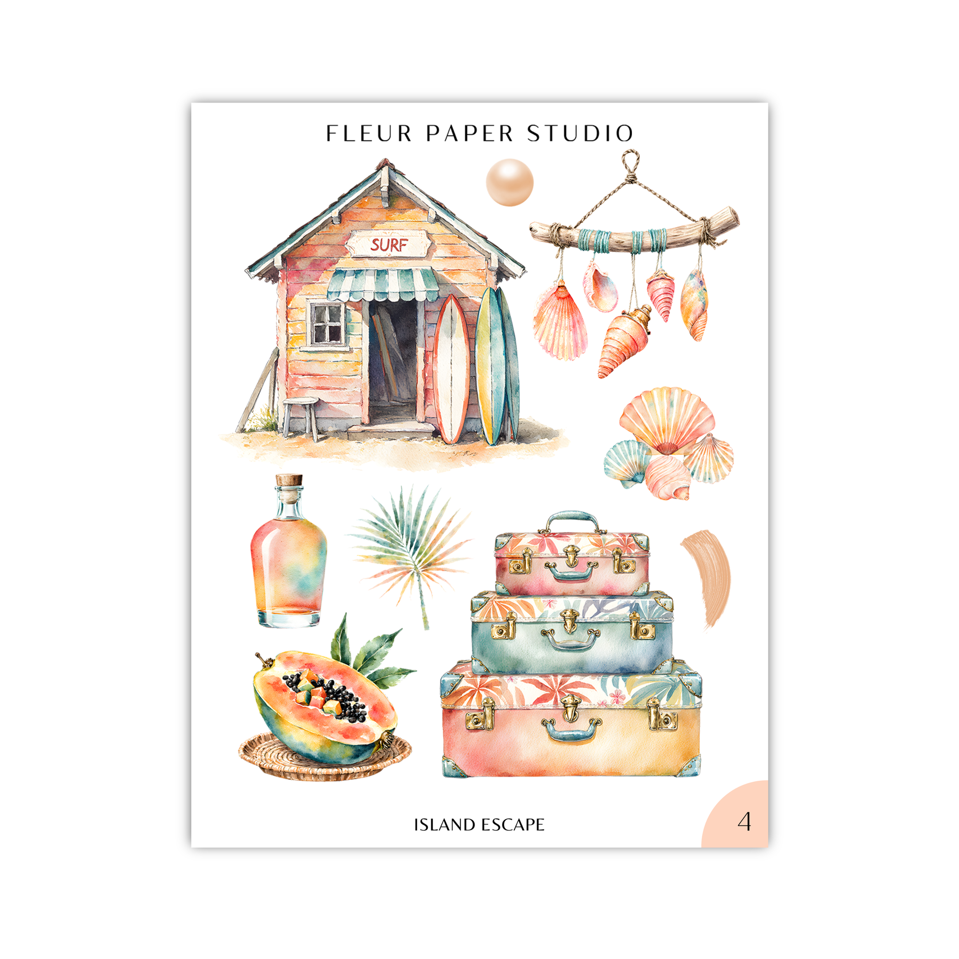 The image is a collage of various tropical-themed items, including a surfboard, a hut, luggage, and other objects associated with a beach or island escape.