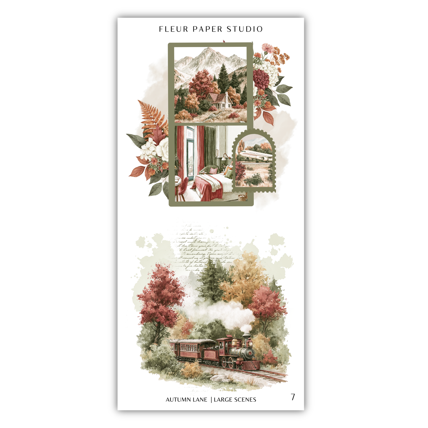 The image is a collage of two scenes depicting autumn landscapes. The top scene shows a mountain landscape with trees and flowers, while the bottom scene depicts a train traveling through a forested area.