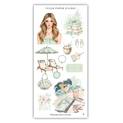 The image is a collage of various illustrations and objects related to leisure and relaxation, including a woman's portrait, a beach scene, a poolside setting, and other accessories such as a handbag, umbrella, and cocktail glass.
