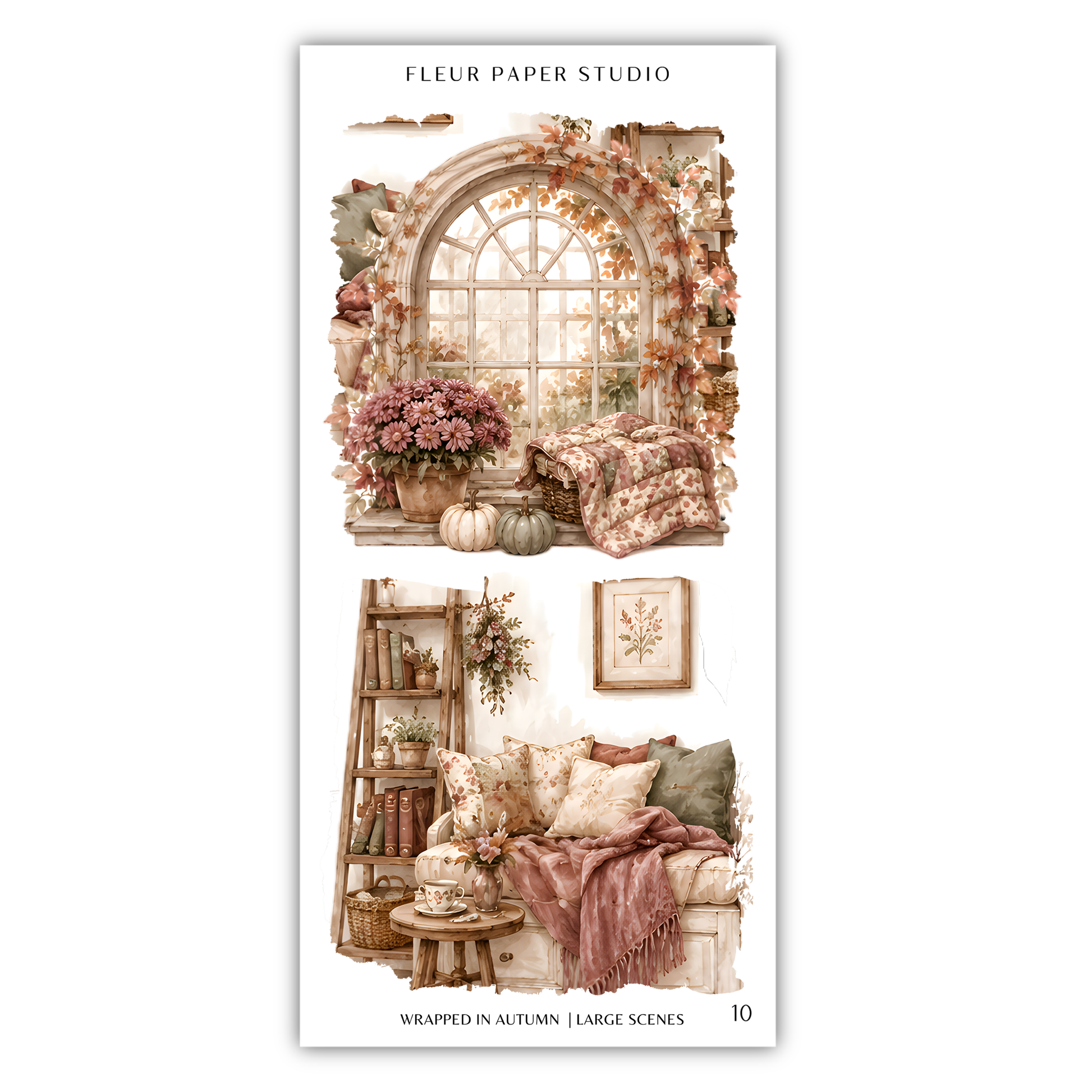 The image is a collage of two scenes from a cozy autumn-themed room. The top scene features a large arched window with a floral arrangement, while the bottom scene shows a comfortable couch with a blanket and a vase of flowers.
