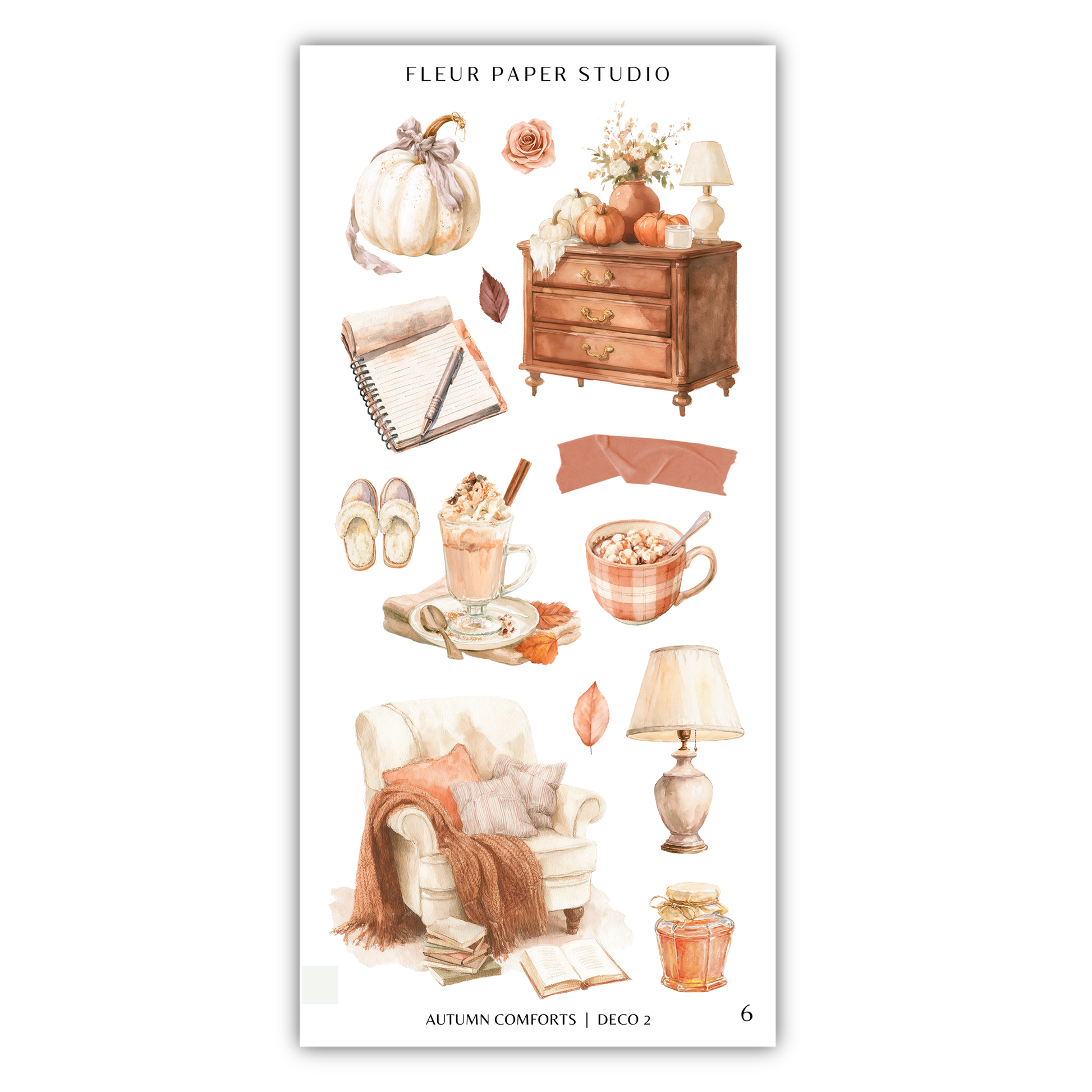 various objects and items related to autumn, such as a pumpkin, a desk, a lamp, a cup, a book, a chair, and a vase.