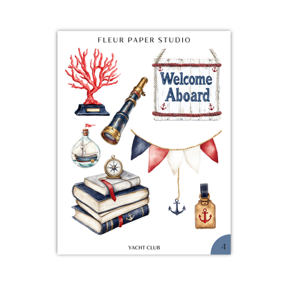 The image is a collection of nautical-themed items, including a red coral, a telescope, a welcome sign, books, a ship, a compass, and a flag.