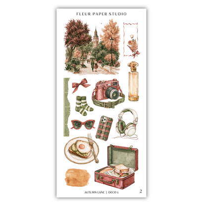 The image is a collage of various objects and scenes, including a tree, a building, a person, a camera, a suitcase, sunglasses, a plate of food, and a pair of headphones.