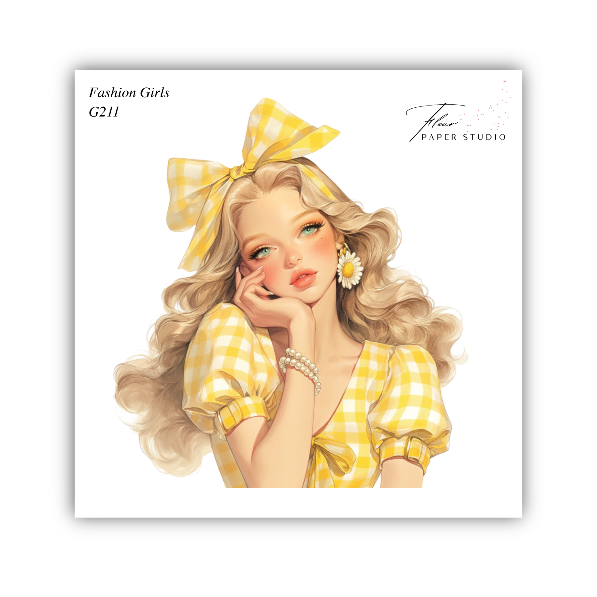 A stylized illustration of a young woman with blonde hair and a yellow bow, wearing a yellow and white checkered dress and earrings.