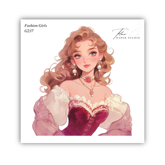 The image is a digital illustration of a woman with long, curly hair wearing a red dress with a ruffled collar and sleeves.