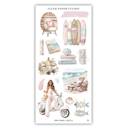 The image is a collage of various objects and scenes related to beach and leisure activities, including a wicker chair, surfboards, a book, a woman on a motorcycle, and a beach scene.