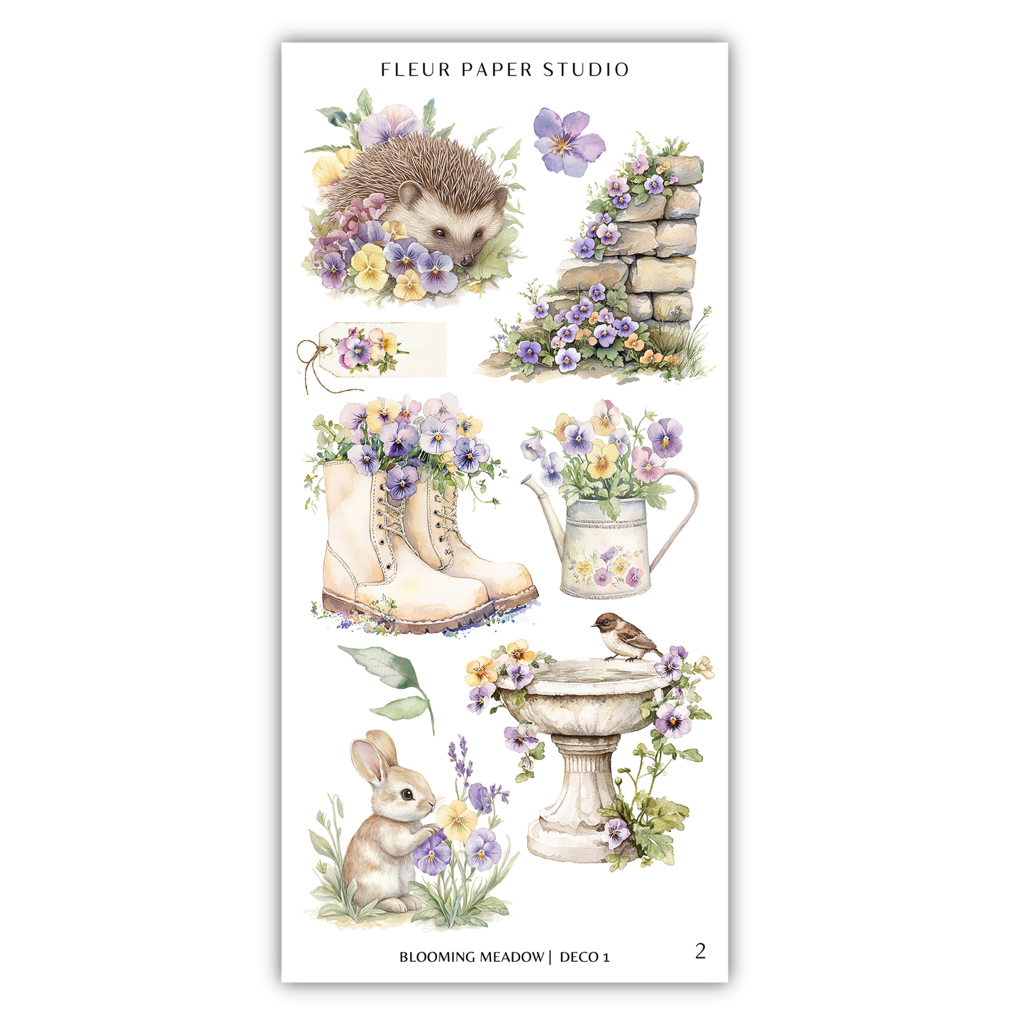 The image is a collage of various floral and garden-themed illustrations, including a hedgehog, a bird, a watering can, a bird bath, and a rabbit.