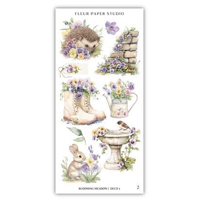 The image is a collage of various floral and garden-themed illustrations, including a hedgehog, a bird, a watering can, a bird bath, and a rabbit.