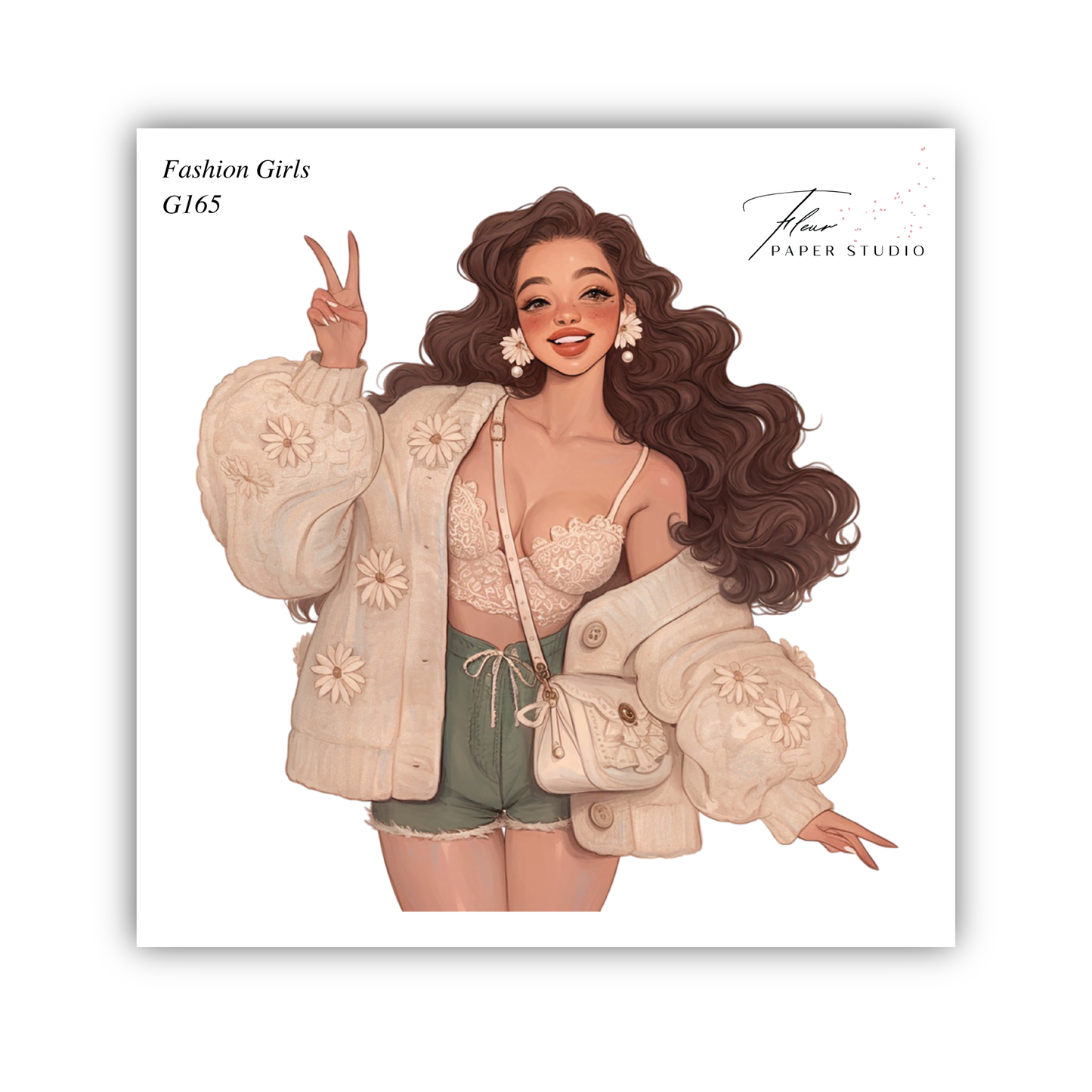 A stylized illustration of a young woman with long, curly hair wearing a white jacket, green shorts, and a white purse. She is making a peace sign with her fingers and smiling.