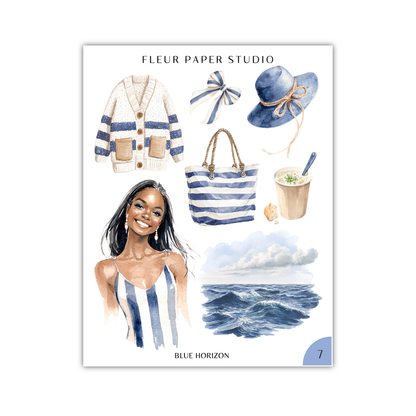 The image is a collage of various fashion and lifestyle items, including a striped sweater, a hat, a handbag, a cup, and a woman's portrait.