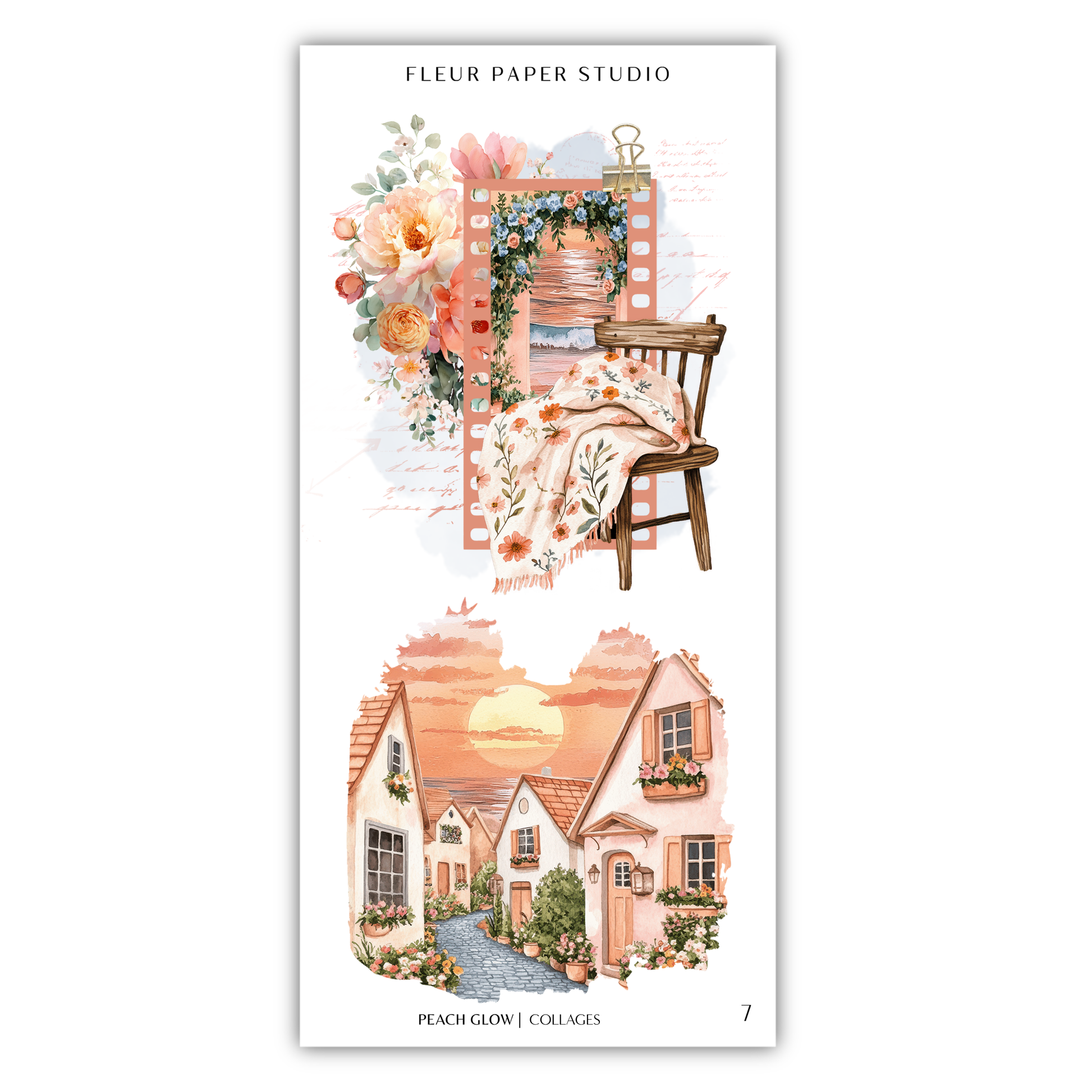 The image is a collage of two pictures. The top picture depicts a floral arrangement with a wooden chair, and the bottom picture shows a quaint village with houses and a sunset.