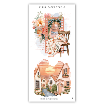 The image is a collage of two pictures. The top picture depicts a floral arrangement with a wooden chair, and the bottom picture shows a quaint village with houses and a sunset.