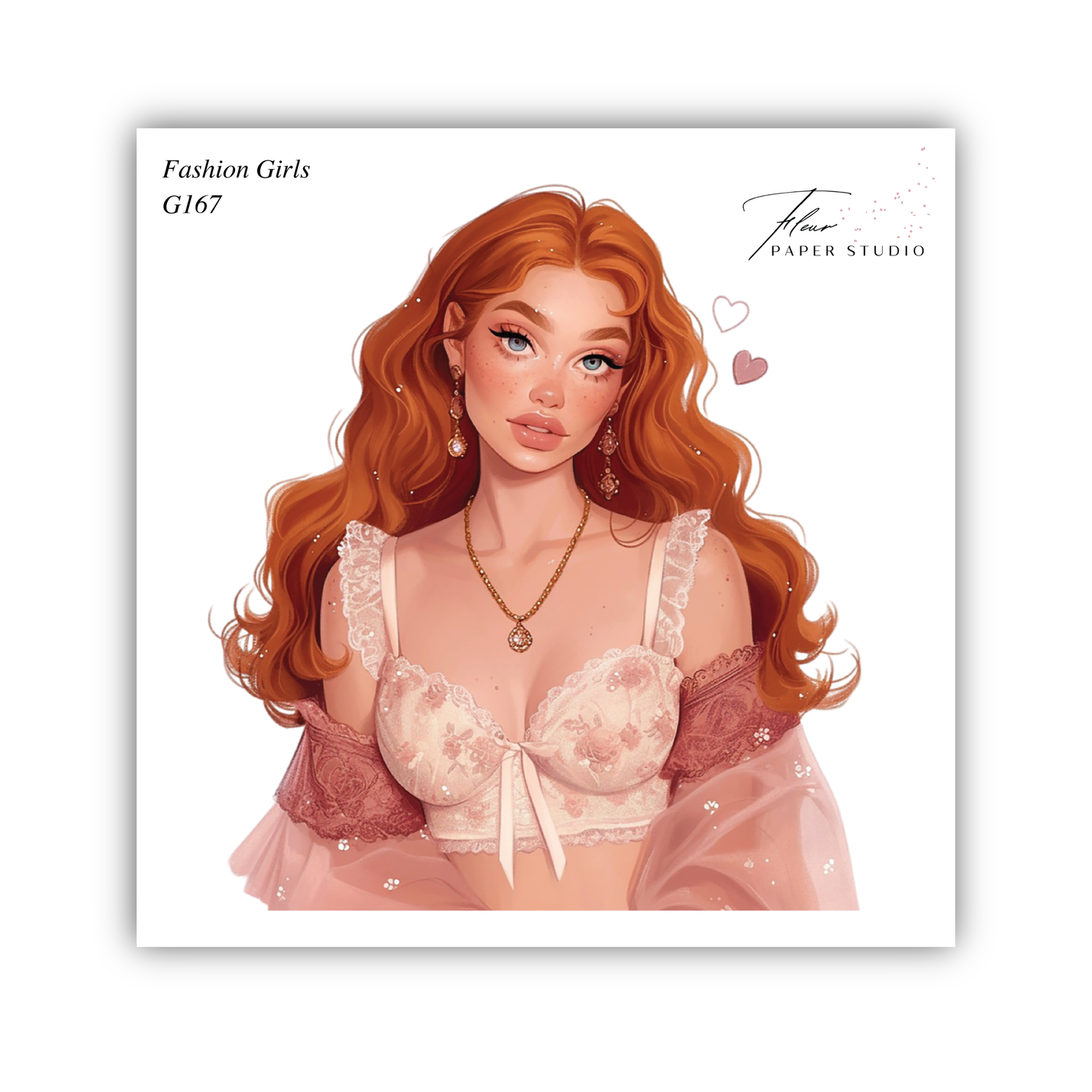 A digital illustration of a woman with long, wavy red hair wearing a lace bra and a pink dress.