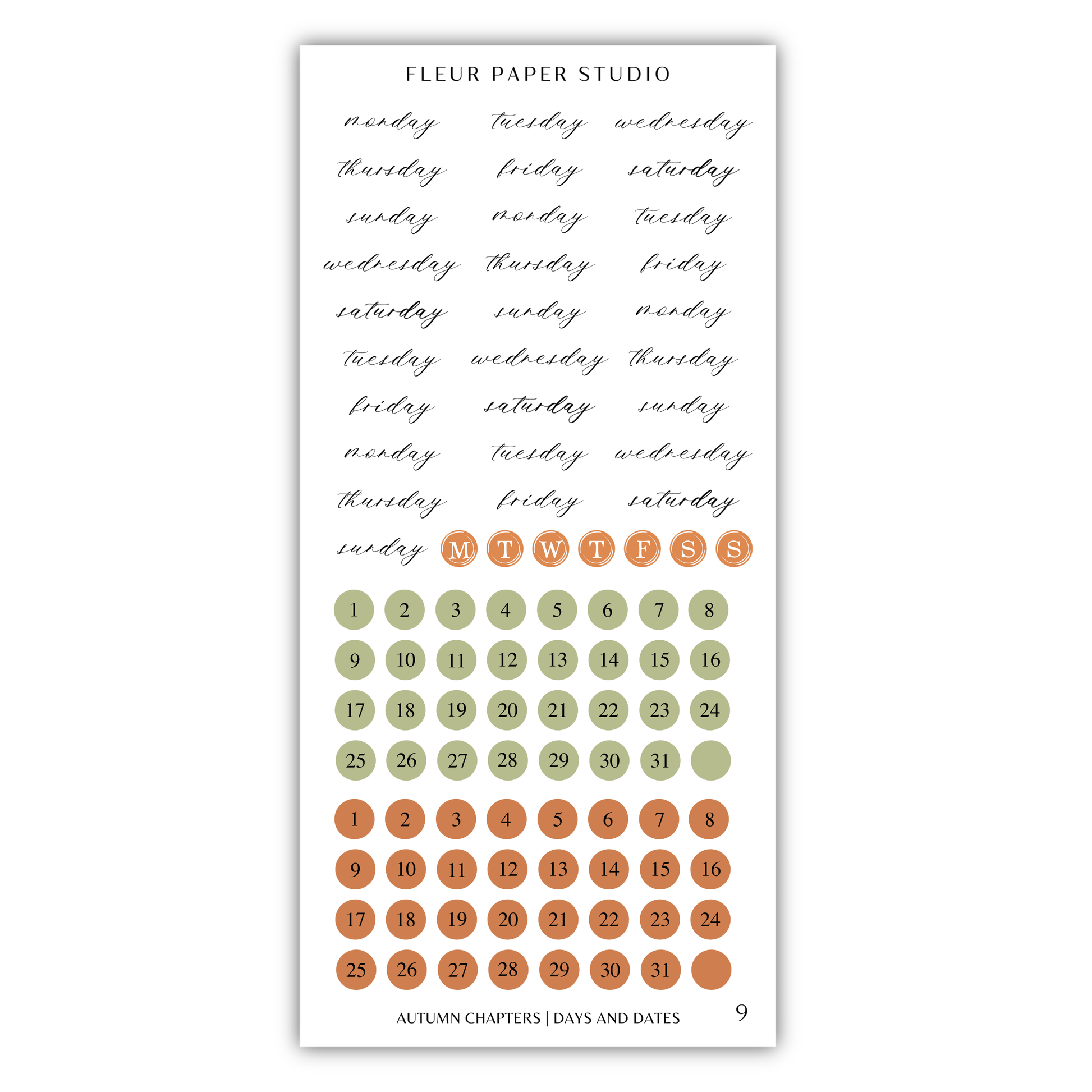 The image is a calendar and sticker set for the Fleur Paper Studio, featuring a calendar with dates and days of the week and orange and green stickers with the days of the week.