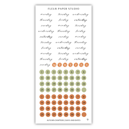 The image is a calendar and sticker set for the Fleur Paper Studio, featuring a calendar with dates and days of the week and orange and green stickers with the days of the week.