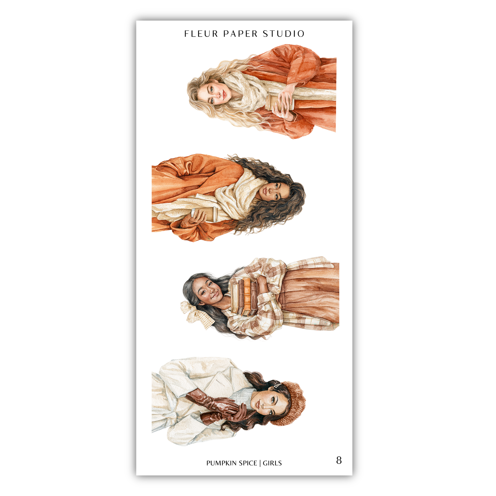 The image is a collage of four different illustrations of women in various outfits, including a pumpkin spice outfit.