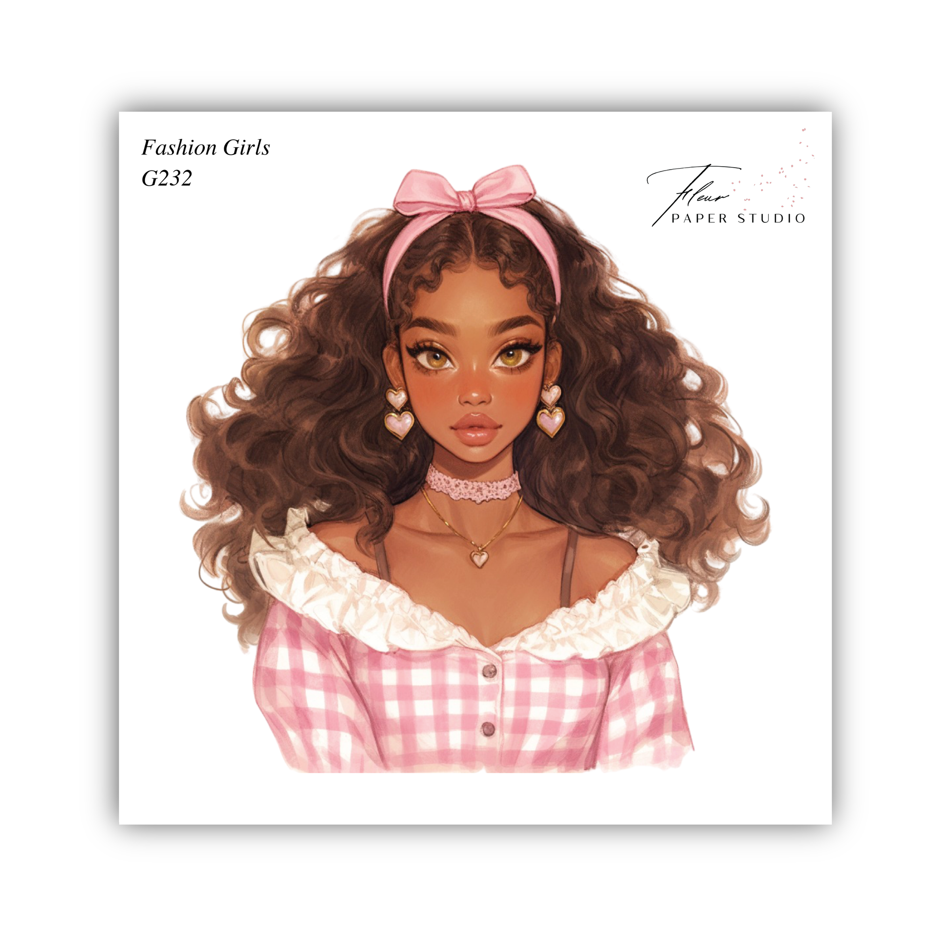 A stylized illustration of a young woman with curly brown hair wearing a pink bow, a white and pink checkered dress, and a choker necklace.