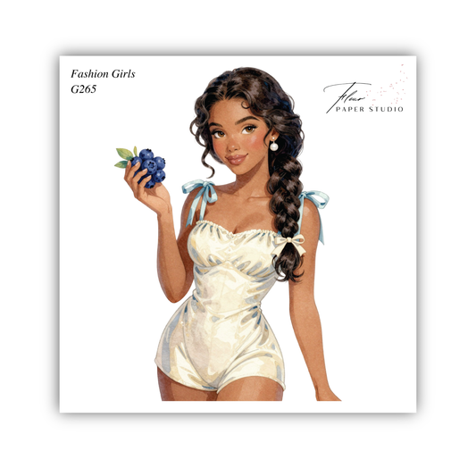 A stylized illustration of a young woman wearing a white dress and holding a blueberry.
