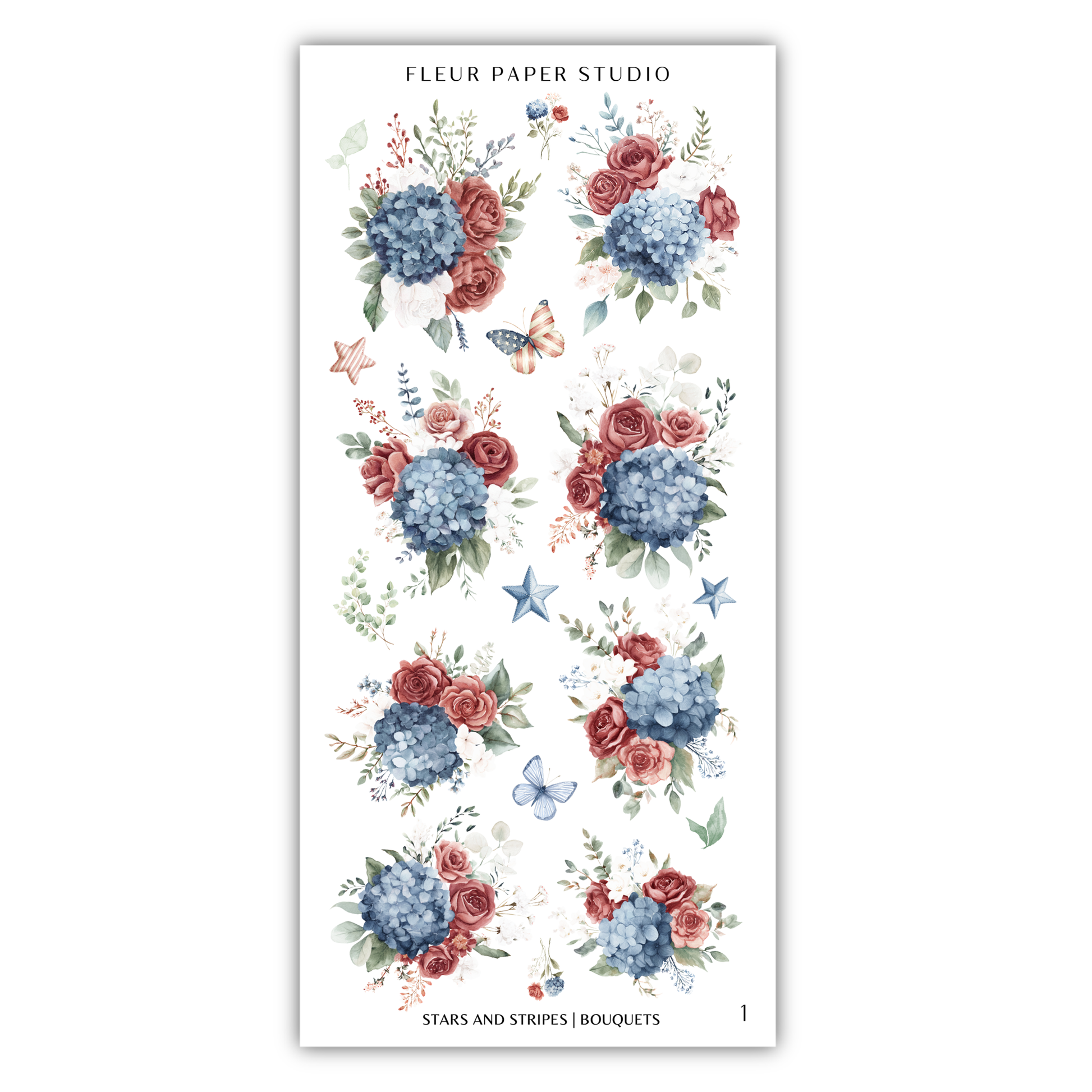 The image is a collage of various floral arrangements, including hydrangeas, roses, and other flowers, along with butterflies and stars. The collage is titled "Fleur Paper Studio" and includes a list of "Stairs and Stripes" bouquets.